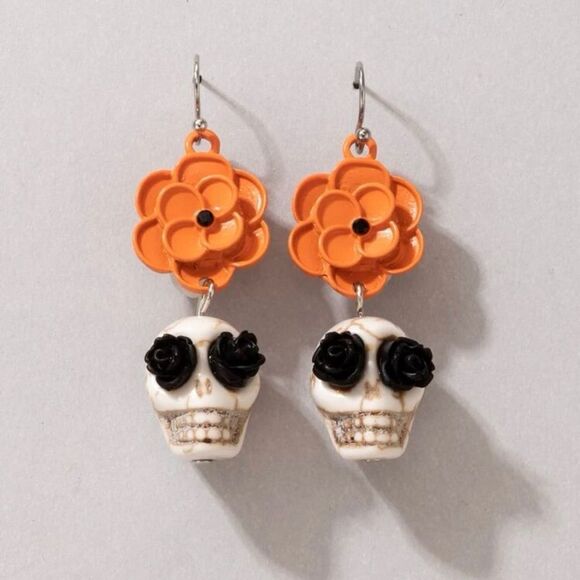 Gothcore Funky Flower Catrina Sugar Skull Dangle Earrings - Picture 1 of 7